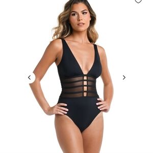 LaBlanca Island Goddess Over the Shoulder Mesh One Piece - Black Size 6 New